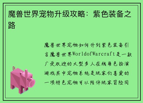 魔兽世界宠物升级攻略：紫色装备之路