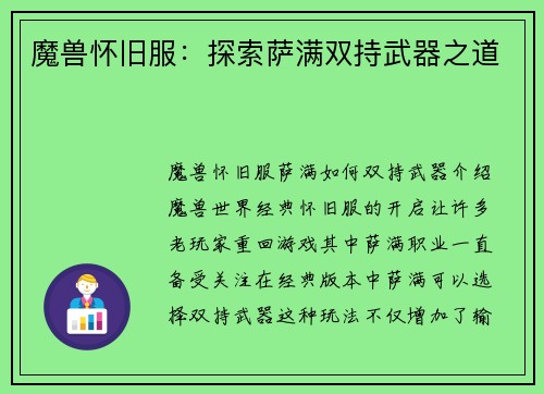 魔兽怀旧服:探索萨满双持武器之道